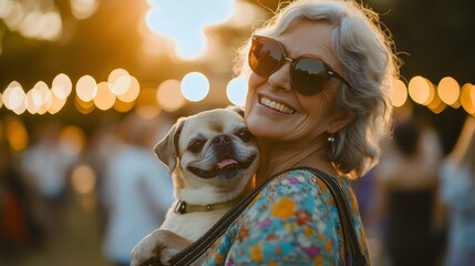 Stylish senior woman smiling at outdoor event while holding her small dog, joyful golden hour moment with people in the background
