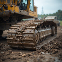 Closeup of heavy construction machinery tracks on muddy terrain
