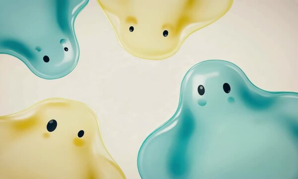 Colorful translucent blobs with eyes floating on a soft background  
