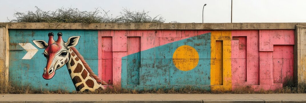 Giraffe Mural with Urban Art, and Wall. - Powered by Adobe
