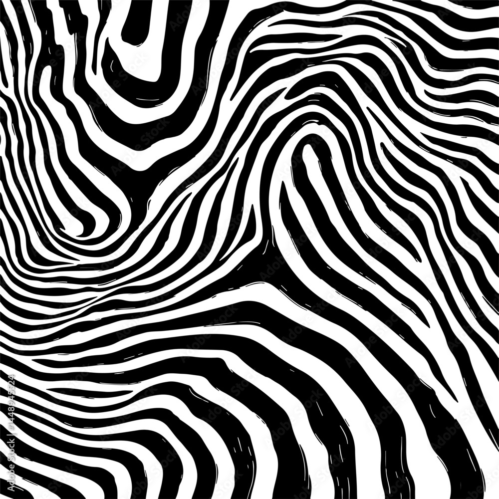 Poster Dynamic black and white vector art featuring wavy, hypnotic lines. The abstract pattern creates an optical illusion effect and a sense of depth, perfect for modern, stylish backgrounds or design.