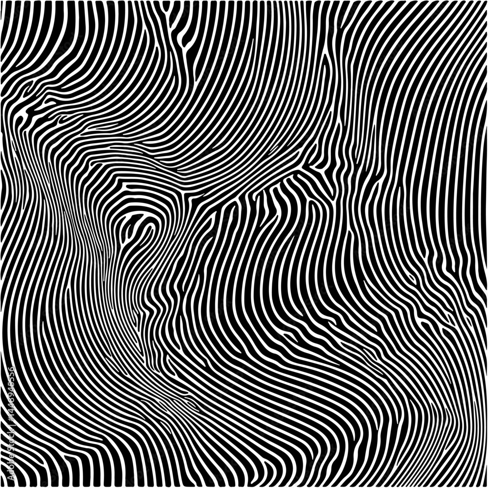 Poster dynamic black and white vector art featuring wavy, hypnotic lines. the abstract pattern creates an o