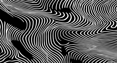 Dynamic black and white vector art featuring wavy, hypnotic lines. The abstract pattern creates an optical illusion effect and a sense of depth, perfect for modern, stylish backgrounds or design.