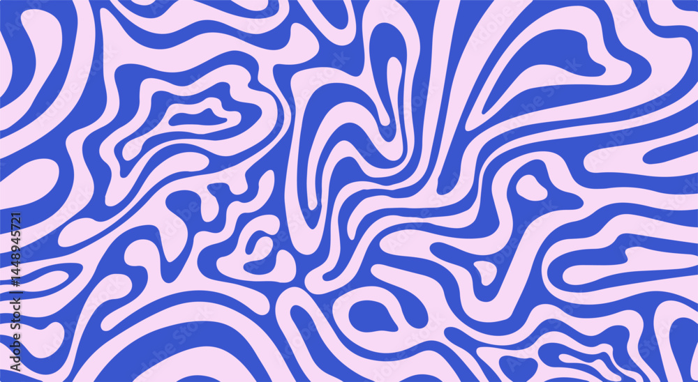 Poster dynamic blue and pale pink vector art featuring wavy, hypnotic lines. the abstract pattern creates a