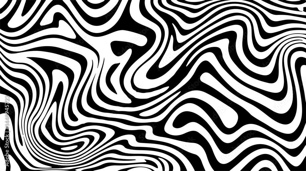 Poster Monochrome wavy stripes twist and turn across the composition, creating an optical illusion effect. This abstract vector art is captivating, contemporary, and perfect for stylish decorative use.