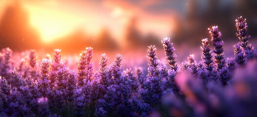 Naklejka premium Vibrant purple lavender field at sunset. Serene landscape with bokeh, soft light, & subtle breeze. Ideal for peaceful designs, spring promotions, or floral themes.