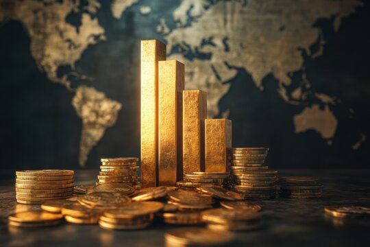 Gold bars chart over a pile of gold coins, against a world map background.  The bars represent increasing value, with a slight decrease at the end