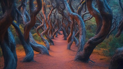 Naklejka premium Twisted trees path forest