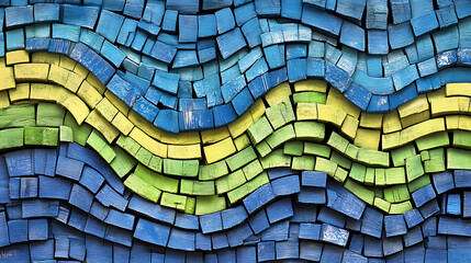 Abstract mosaic pattern of wooden blocks in dynamic colors