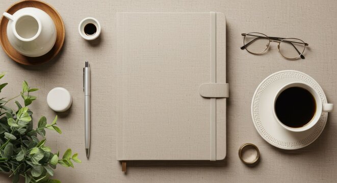 Notebook with Coffee, Glasses and Pen on Table