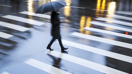 Obraz premium Woman walking with umbrella across wet crosswalk on rainy day, city lights reflecting on the pavement, motion blur conveying movement and urban atmosphere.