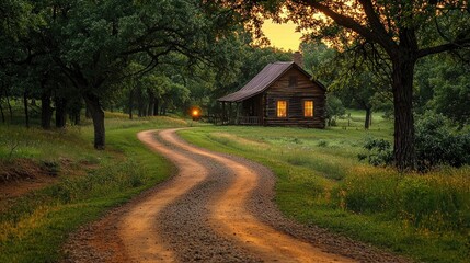 Fototapeta premium Rustic Cabin and Winding Road at Dusk in a Rural Setting