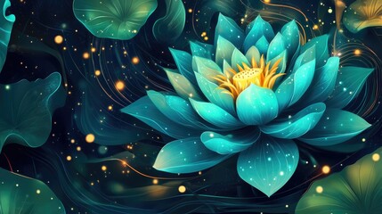 Vibrant teal lotus flower in a dark aquatic scene.