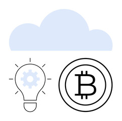 Light bulb with gear symbolizing innovation, Bitcoin symbol, and cloud illustrating digital storage. Ideal for technology, cryptocurrency, innovation, blockchain, cloud computing, financial