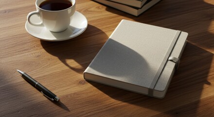 Notebook, Coffee, and Pen on Wooden Table