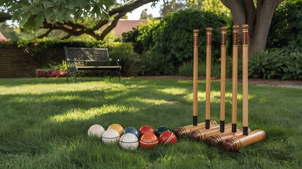 Fototapeta premium Croquet set with mallets, balls, and hoops on a grassy lawn created with generative ai 