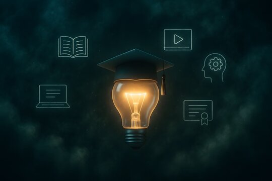 A glowing light bulb with graduation cap floats among digital education symbols. Concept of learning innovation and academic creativity.