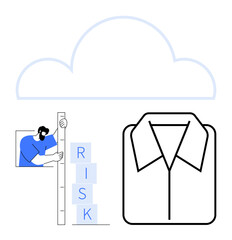 Person evaluates risk blocks with a scale, cloud outline above, folded shirt icon on right. Ideal for finance, analytics, cloud strategy, enterprise growth, decision-making, risk management simple