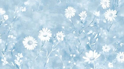 Fresh and delicate chamomile daisy pattern on soft blue flat lay generative ai