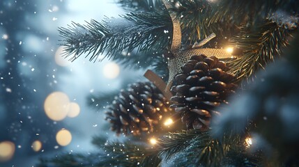 Close-up of a snow-dusted Christmas tree branch adorned with pine cones and warm fairy lights. A magical winter scene with bokeh lights in the background.