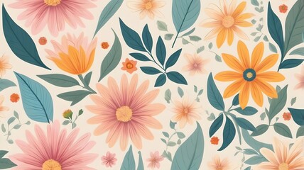 Seamless floral pattern with pastel pink and orange flowers, teal leaves, and a beige background.  A cheerful and vibrant design, perfect for textile prints and other design projects.