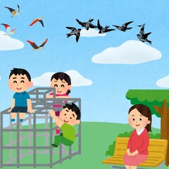 Children Playing on Jungle Gym in Park with Birds Flying in the Sky – Cute Cartoon Illustration. 
