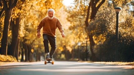 Active senior man skateboarding in autumn park, enjoying freedom and vitality, concept of healthy aging, fun retirement and energetic lifestyle