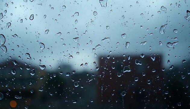 rain drops on a window with buildings in the background