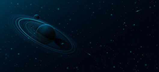 Abstract planet Saturn with ring around and glowing starry sky. Black outer space concept. Deep cosmos background. Scientific presentation backdrop. Vector illustration © sersupervector