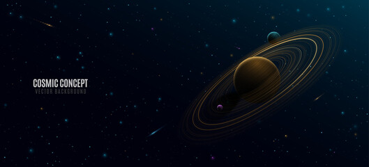 Abstract planet Saturn with ring around and colorful glowing starry sky. Black outer space concept. Deep cosmos. Scientific presentation backdrop. Vector illustration © sersupervector