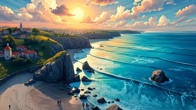 Aerial Beach Sunset - Coastal Village 4K Stock Video