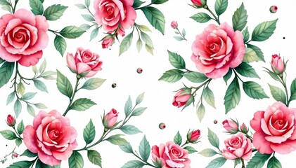 Delicate watercolor roses, leaves, & buds, forming a continuous elegant pattern , rose pattern, elegant, flower