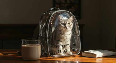 Cat in Clear Backpack on Wooden Table