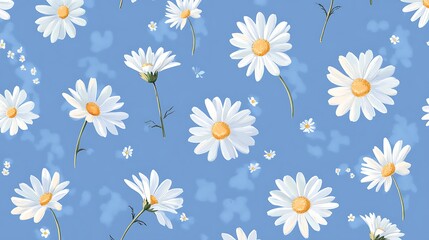 Light and refreshing chamomile daisy flat lay pattern on a blue backdrop generative ai