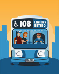 Colectivo 108 en Buenos Aires, Argentina con pasajeros bus micro ilustración vectorial editable.