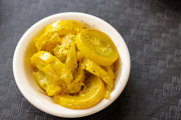Close-up of cooked yellow squash in bowl