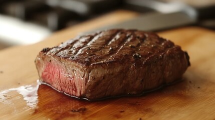 Juicy Grilled Steak on a Wooden Cutting Board with Natural Juices Dripping
