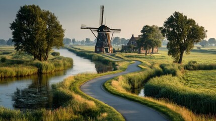 Dutch Windmill Landscape at Dawn