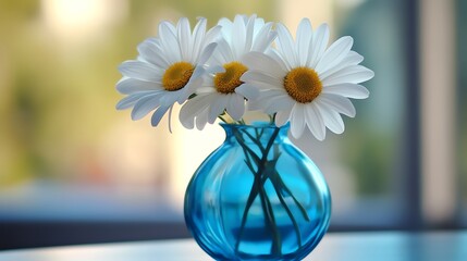 Elegant arrangement of three white daisies in a blue glass vase on a table generative ai © Photo