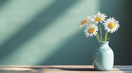 Three fresh daisies in a simple blue vase sitting on a rustic wooden table generative ai © Photo