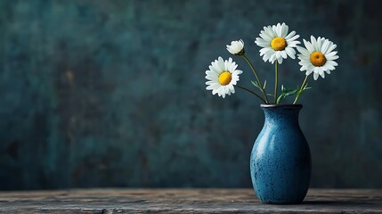 Three fresh daisies in a simple blue vase sitting on a rustic wooden table generative ai © Photo