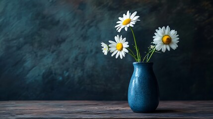 Three fresh daisies in a simple blue vase sitting on a rustic wooden table generative ai © Photo