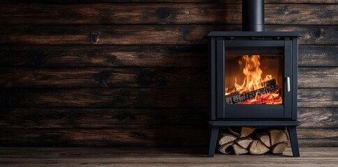 Wood burning stove - solar panels, energy conservation, modern decor, sustainable home, eco-friendly fire, room heating, renewable energy, stylish ambiance, green living, solar power integration.