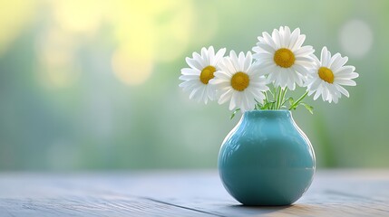Three bright daisies in a light blue vase on a wooden table with natural light generative ai © Photo