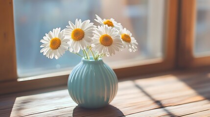 Three bright daisies in a light blue vase on a wooden table with natural light generative ai © Photo