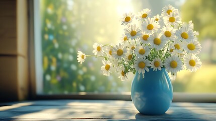 Fresh daisies arranged in a blue vase on a wooden table in soft morning light generative ai © Photo