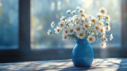 Fresh daisies arranged in a blue vase on a wooden table in soft morning light generative ai © Photo