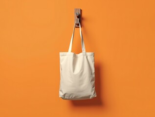  tote bag mockup hanging on wooden hook, vertical composition, minimal background, soft natural light, ideal for sustainable branding.