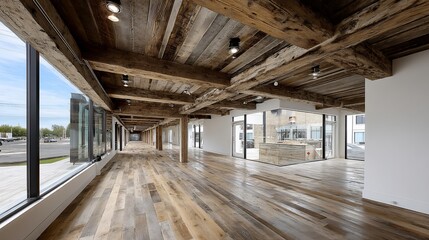 Fototapeta premium Modern Open-Plan Office Space with Exposed Wooden Beams