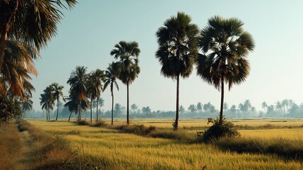 Fototapeta premium Palm trees line a golden rice paddy at dawn